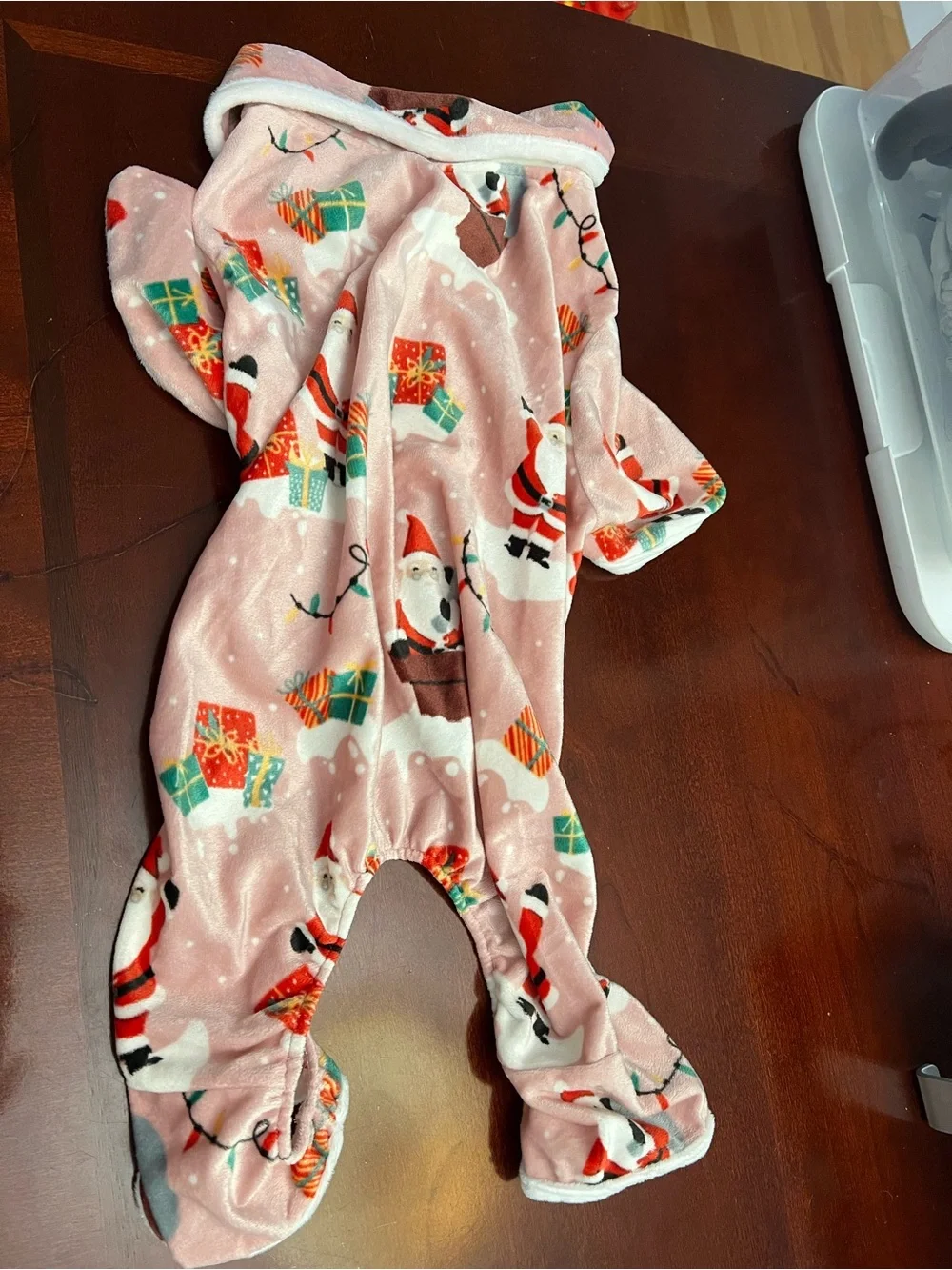 Holiday Dog Pajama Onesie — Pink Christmas Print